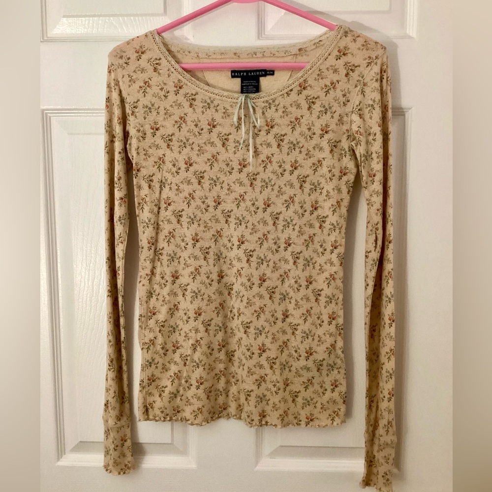 Ralph Lauren Blue Label floral printed knit top with lace trim at neck